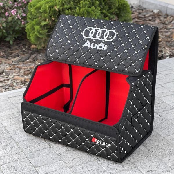 Органайзер у багажник з вишивкою Audi, чорний з червоним підкладом, 50 см, автомобільний органайзер в авто 00022472 фото