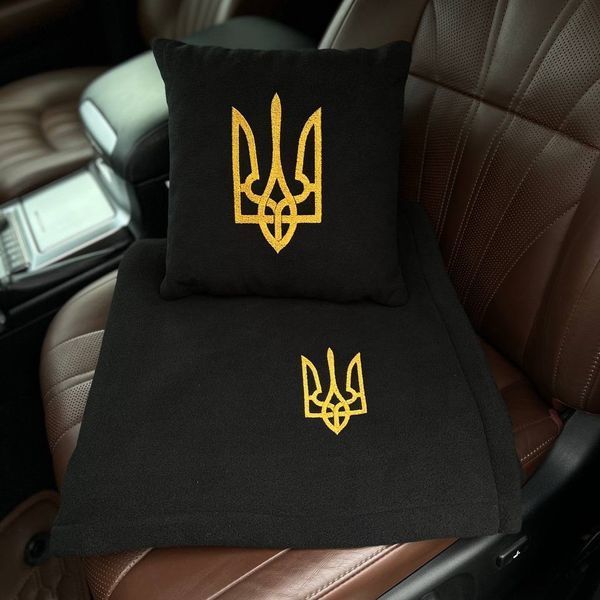 Подушка и плед в машину с вышивкой герба, флисовый набор, подарок ко Дню защитника Украины FLISET-GERB-BLK-YEL фото