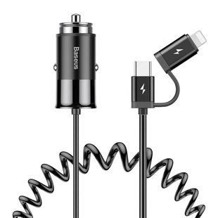 Адаптер автомобильный Baseus Enjoy Together 4.8A 2 USB с кабелем Type-C / Lightning CCALL-EL01 фото
