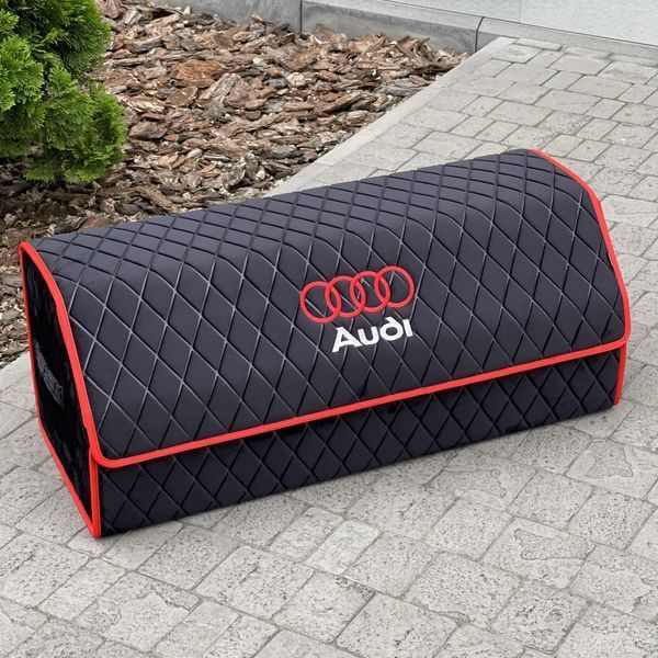 Органайзер в багажник с вышивкой Audi, черный велюр с красным кантом, 80 см, автомобильный органайзер в авто 00021482 фото