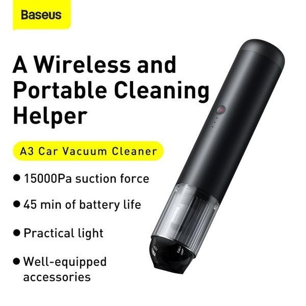 Пилосос в машину акумуляторний A3 Car Cleaner зі світлодіодним підсвічуванням, чорний, Baseus CRXCQA3-0A фото