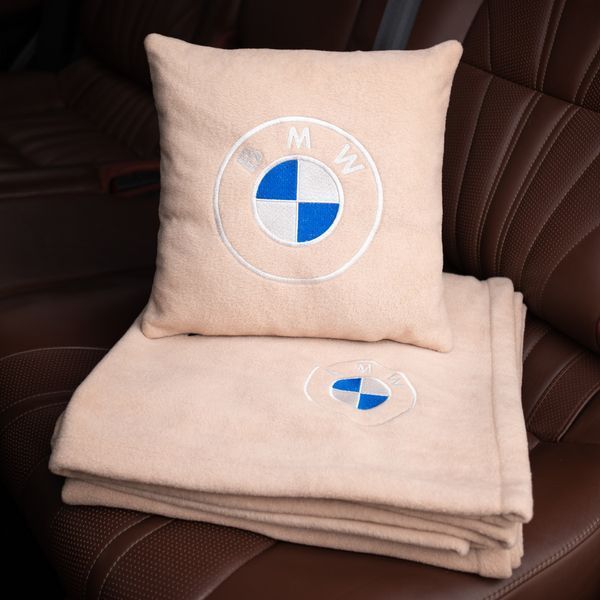 Подушка та плед в автомобіль з логотипом BMW, флісовий набір FLISET-BMW-BLU фото