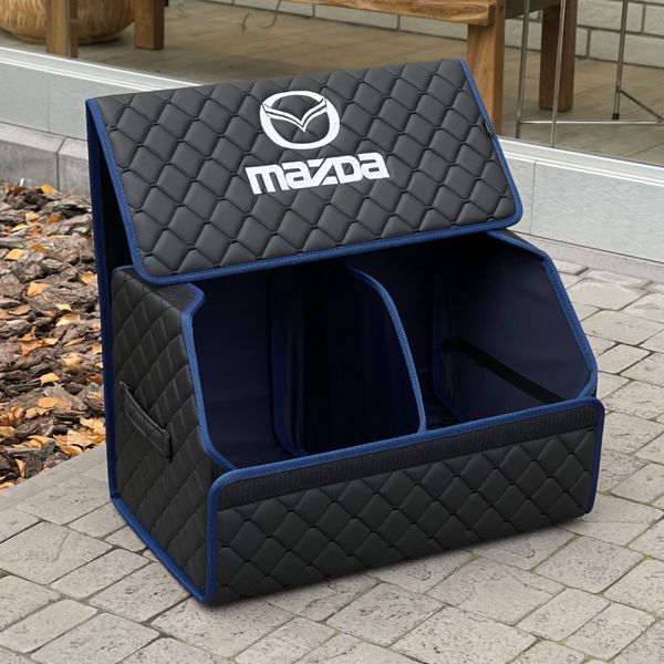 Органайзер в багажник з логотипом Mazda з екошкіри, чорний з синім кантом, 50см, сумка в багажник 200041248 фото