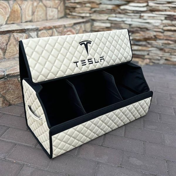 Органайзер в багажник с вышивкой Tesla, бежевый, 65 см, автомобильный органайзер в авто 000005271 фото
