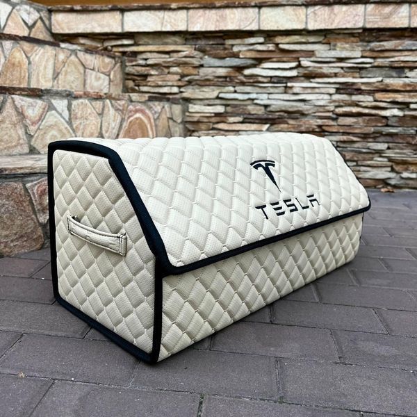 Органайзер в багажник с вышивкой Tesla, бежевый, 65 см, автомобильный органайзер в авто 000005271 фото