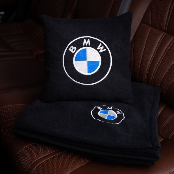 Подушка и плед в машину с логотипом BMW, флисовый набор FLISET-BMW-BLK фото