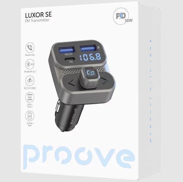 Адаптер автомобильный Proove FM Launcher Luxor SE 36W PD+QC3.0 Type-C+USB Gray 200041102 фото