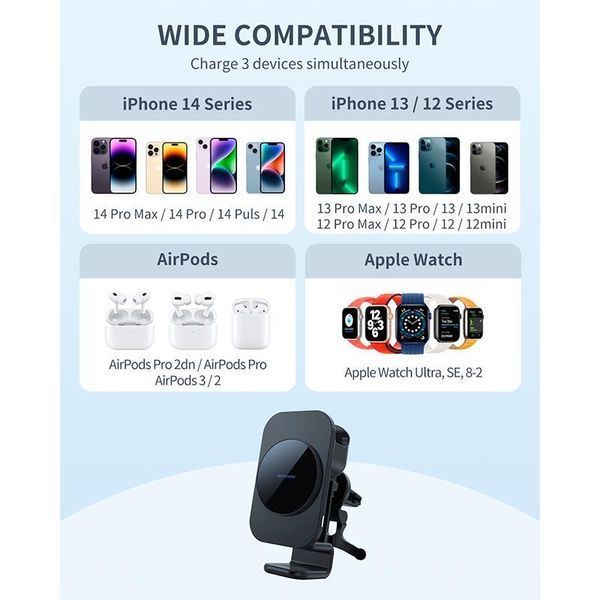 Держатель для телефона в машину 3in1 MagSafe Wireless Car Charger Carvent & Dashboard S6 |5-10W| S6 фото