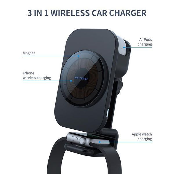 Держатель для телефона в машину 3in1 MagSafe Wireless Car Charger Carvent & Dashboard S6 |5-10W| S6 фото